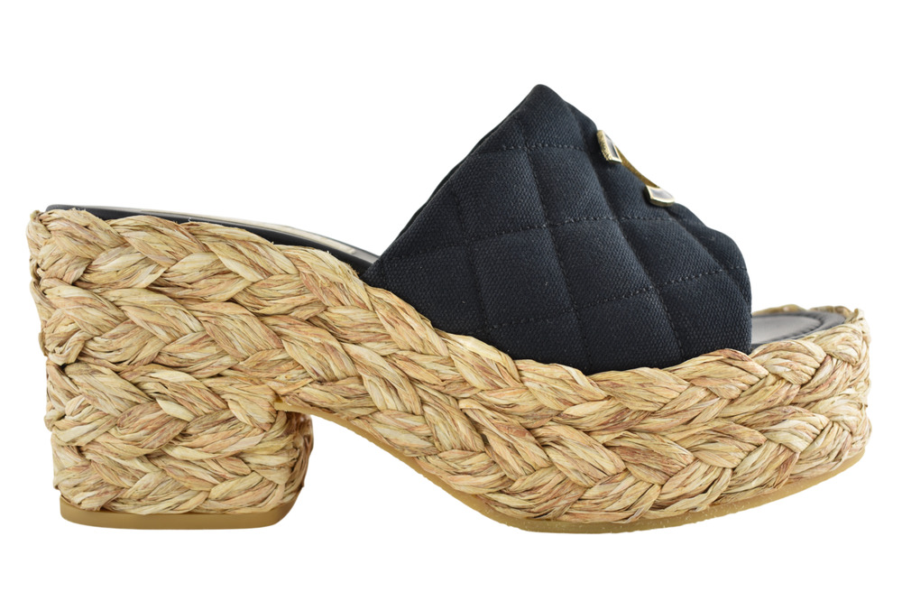 Chanel 25C Black Cotton CC Logo Platform Wedge Slide Block Heel Mule Sandal 40